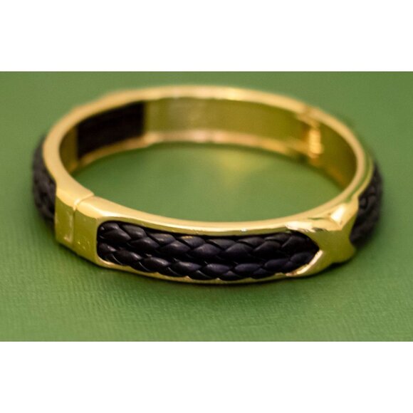 7 inch, Vintage Black Ropes Gold Tone Hinge Bangle, K37 - Picture 2 of 3